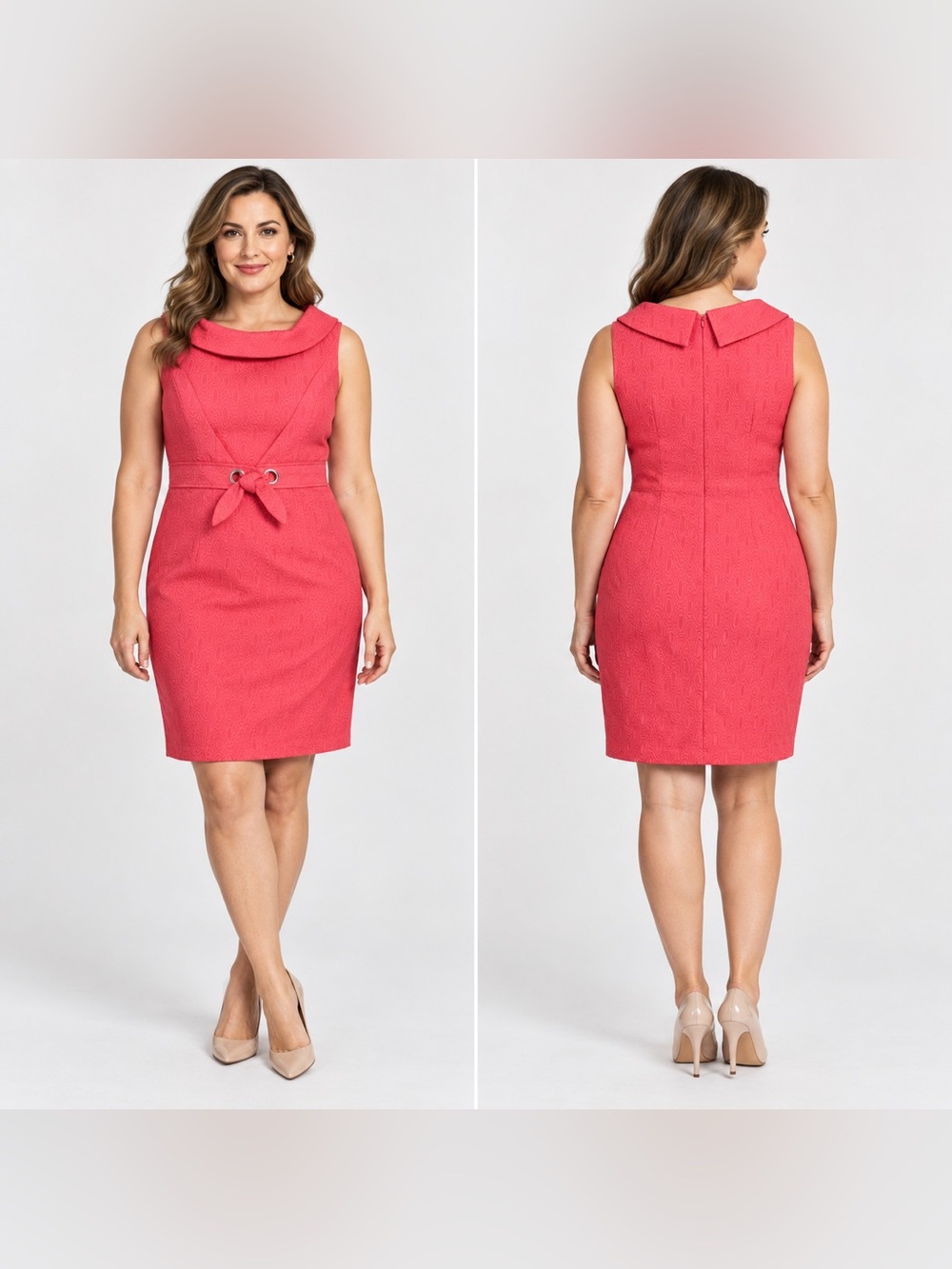 dressbarn Coral-Pink Sleeveless Sheath Dress with Ring-Tie Belt size 12